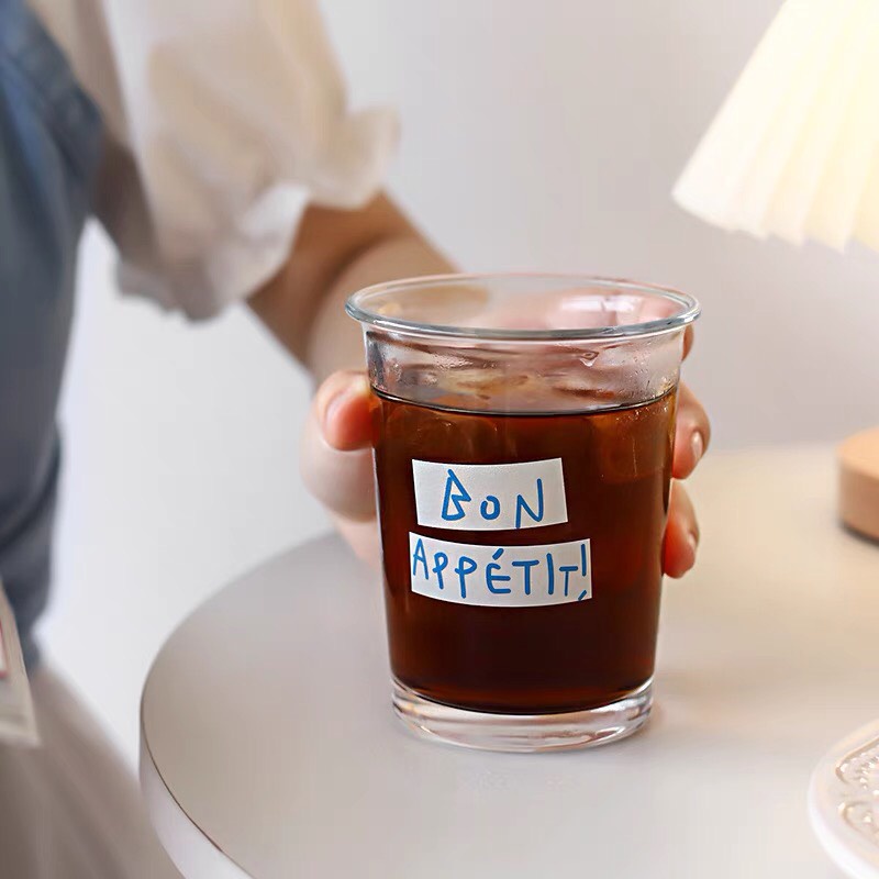 Cốc thuỷ tinh miệng loe lùn in chữ nổi bật Hàn Quốc, ly thuỷ tinh decor cute cà phê sữa sáng cao cấp