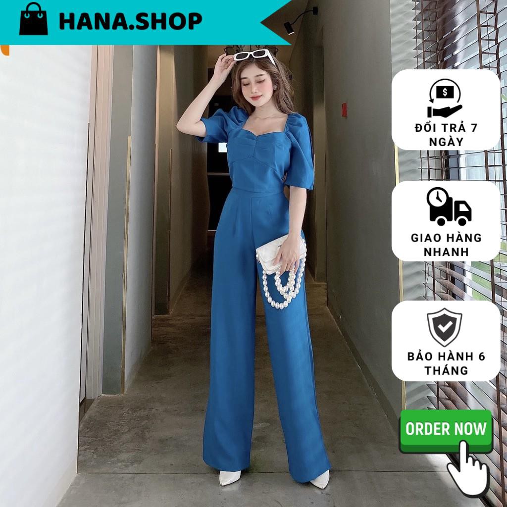 Set áo xếp ly ngực tay phồng quần ống suông siêu đẹp màu xanh - LS23