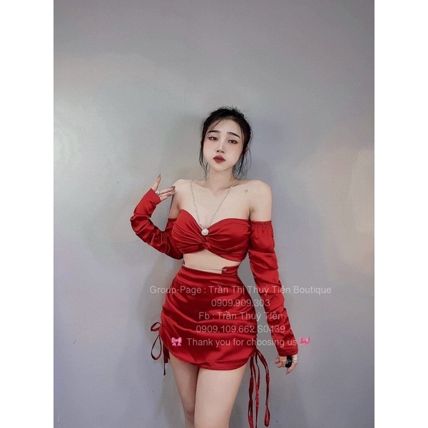 Set áo trễ vai kết đá + Chân váy rút dây