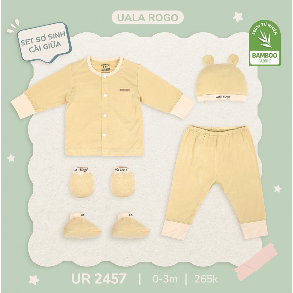 SET đồ sơ sinh bao chân bao tay mũ quần áo dài tay Ualarogo 0-3 tháng vải sợi tre bamboo 2457