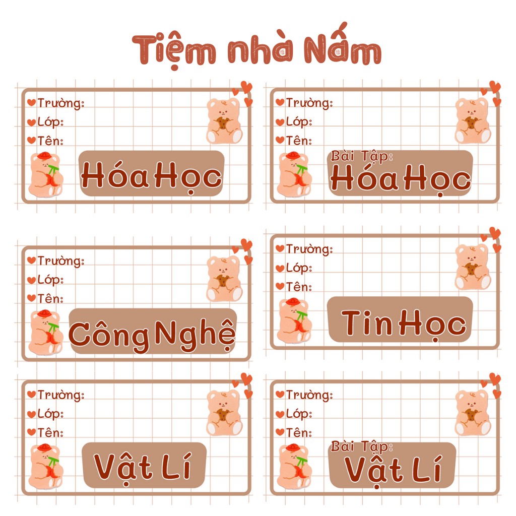 Combo Nhãn Vở Thiết Kế Theo Tên Môn Học, Gấu Nâu Lông Xù