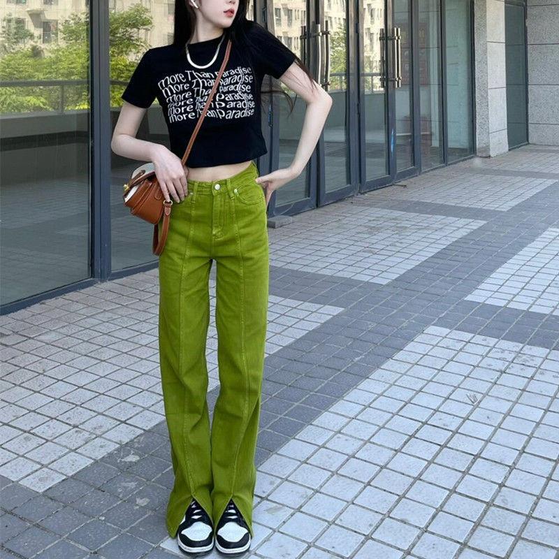 Quần Jean Ống Rộng Xẻ Tà Màu Xanh Lá Dầu Phong Cách Đường Phố Thời Trang Mùa Hè Hàng Mới Dành Cho Bạn Nữ