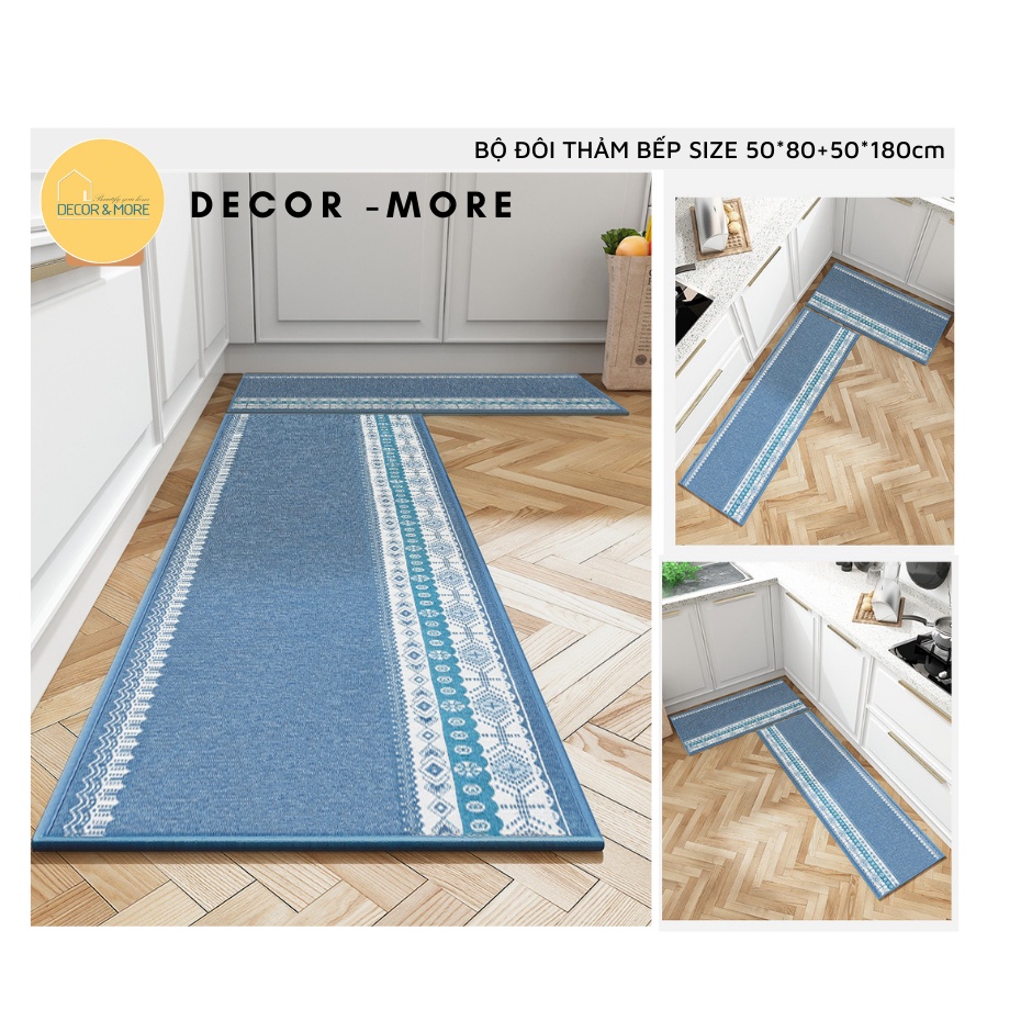 Bộ 2 Thảm bếp, Thảm trải sàn nhà bếp sợi dệt, Size 50*80+50*180cm, 50*80+50*150cm,thấm hút cực tốt, đế chống trơn trượt
