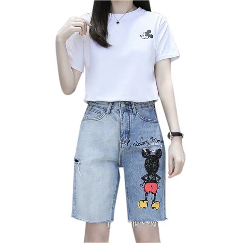 Quần jean ngố / lửng / 5 tấc BIGSIZE lưng cao, rách bụi đẹp, in hình mèo chuột 3336 3735 Moliruan