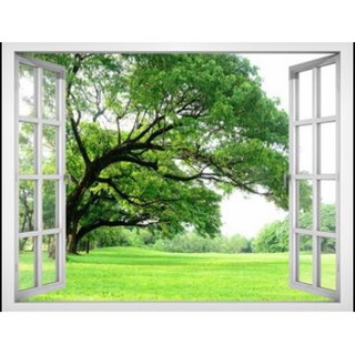 Tranh dán tường 3d Cửa sổ cây xanh công viên - Vải lụa phủ kim sa