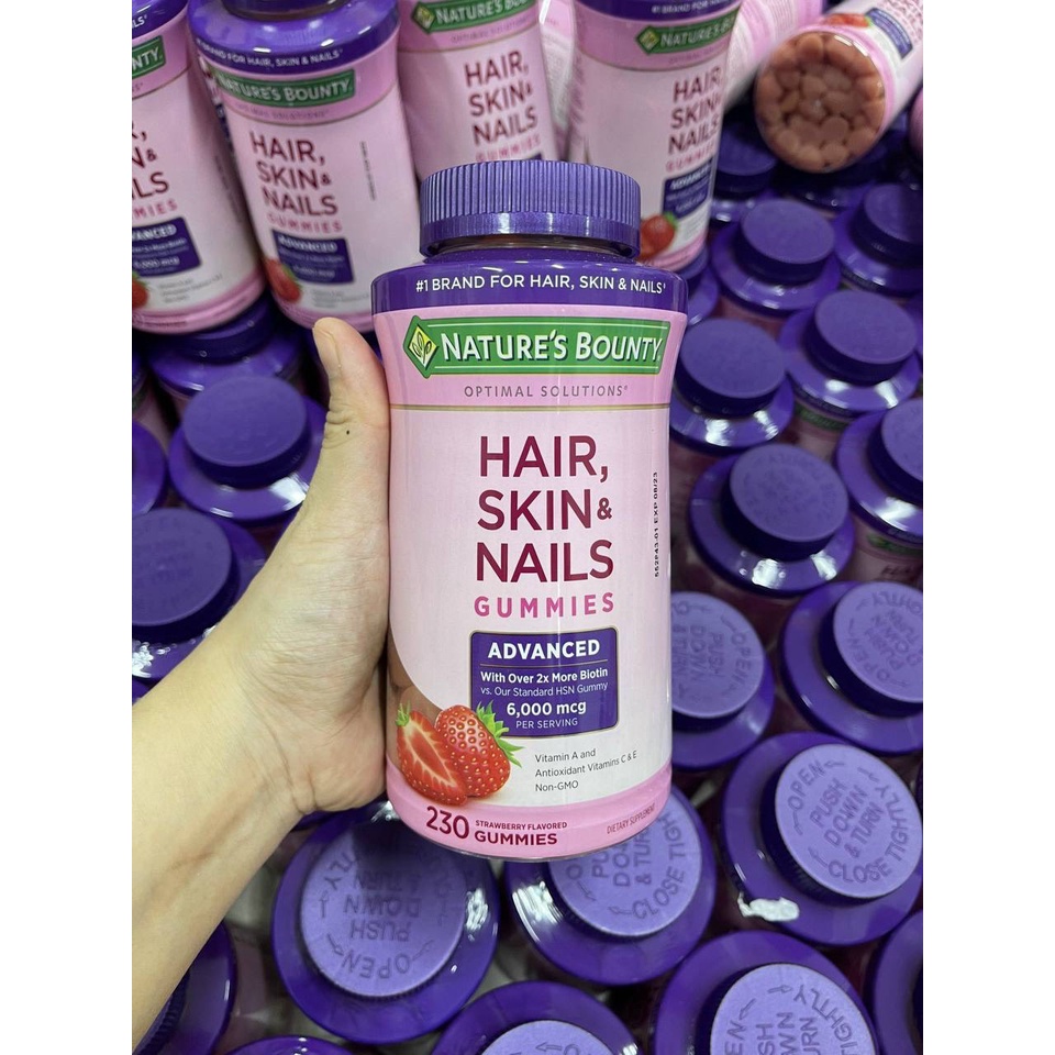 Kẹo dẻo mọc tóc, đẹp da ⚡ HÀNG CAO CẤP ⚡ Kẹo dẻo Hair, Skin & Nails Gummies, 230 viên, Vị dâu, 6000mcg Biotin