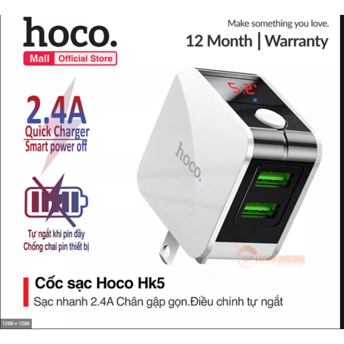 Củ sạc nhanh tự ngắt chính hãng Hoco HK5 SATOPA OFFICIAL cốc sạc nhanh cho iphone có đèn led hiển thị dòng điện