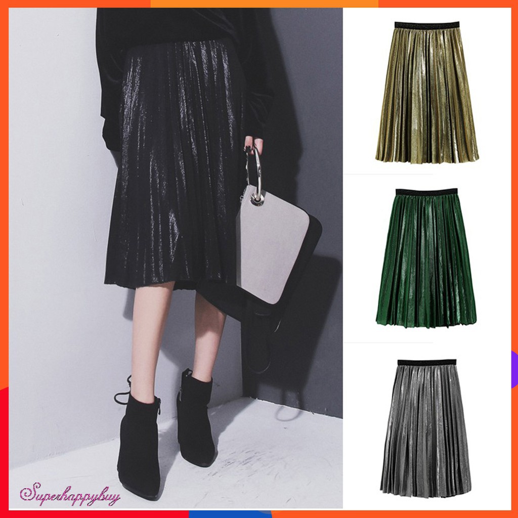 Chân váy lưng cao xếp ly lấp lánh ánh kim độc đáo cho nữ