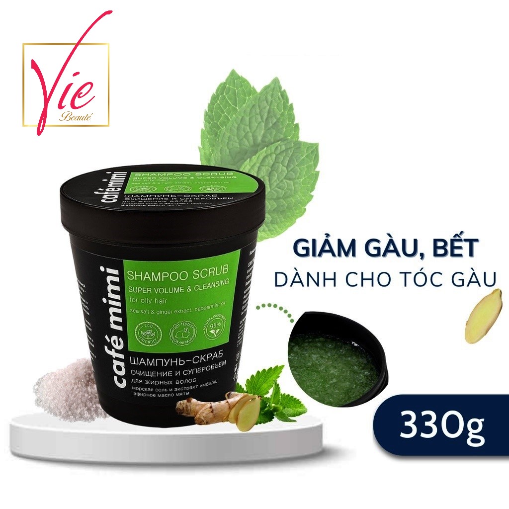 Dầu Gội Tẩy Tế Bào Chết Da Đầu Cafe Mimi Super Volume &amp; Cleansing Shampoo Scrub xanh lá 330g