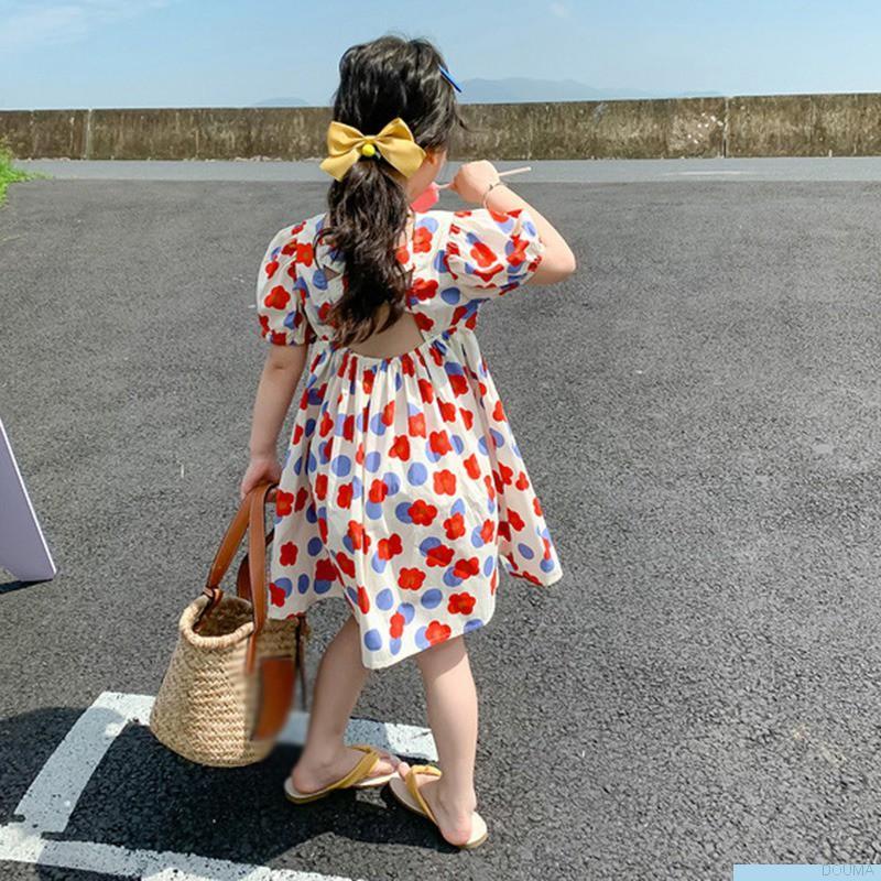 Đầm tay phồng hở lưng họa tiết hoa phong cách retro Hàn Quốc thời trang dễ thương cho bé gái