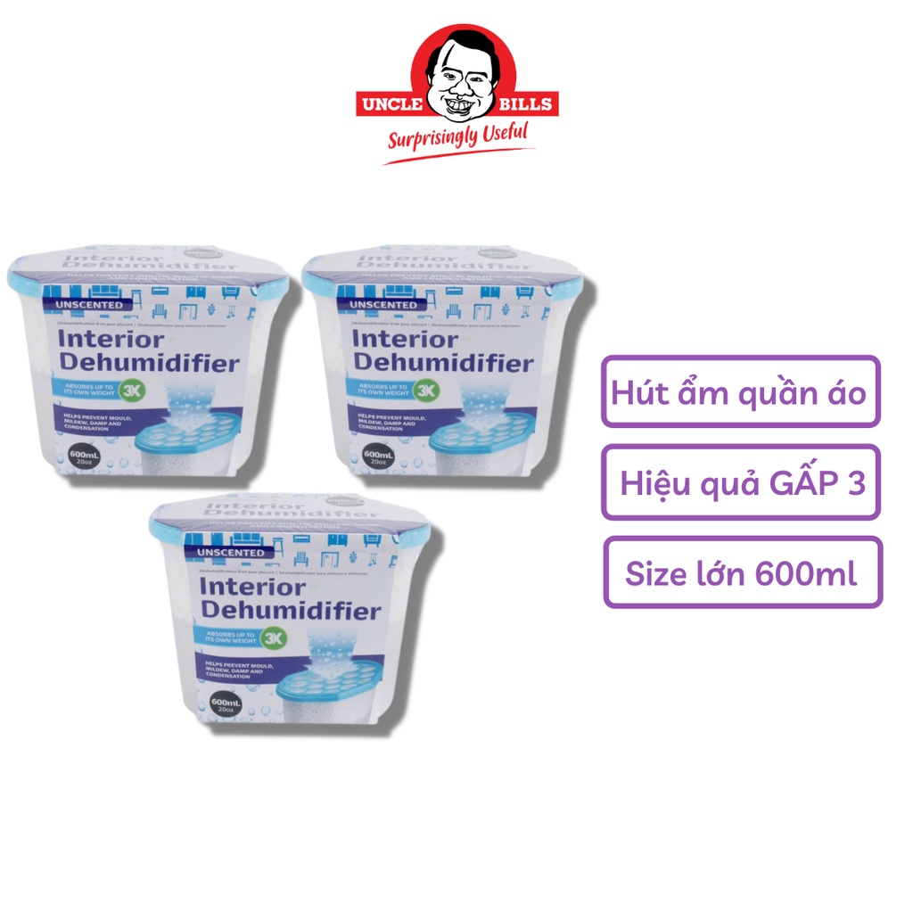 Bộ 3 hộp hút ẩm không khí 600ml hút ẩm tủ quần áo, khử mùi hiệu quả Uncle Bills BA0391 hàng nhập khẩu, chống ẩm