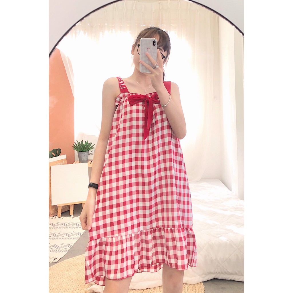 Đầm 2 dây thắt nơ Kro , họa tiết caro 4 màu - Chất liệu siêu nhẹ ( Đầm Kro ) VD-03 | BigBuy360 - bigbuy360.vn