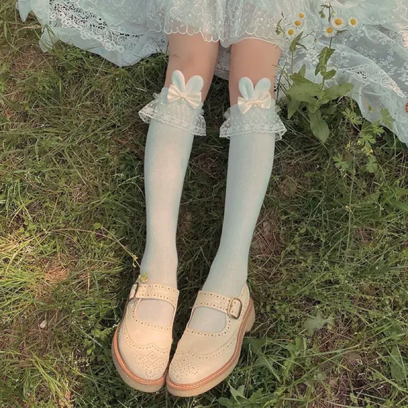 [Order] YASLC0036-Tất lolita cotton tai thỏ phối ren đính nơ