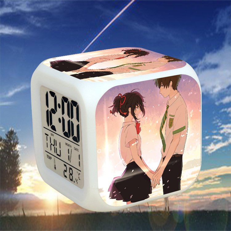 Đồng hồ báo thức để bàn in hình YOUR NAME KIMINONAWA đèn LED đổi màu anime chibi xinh xắn