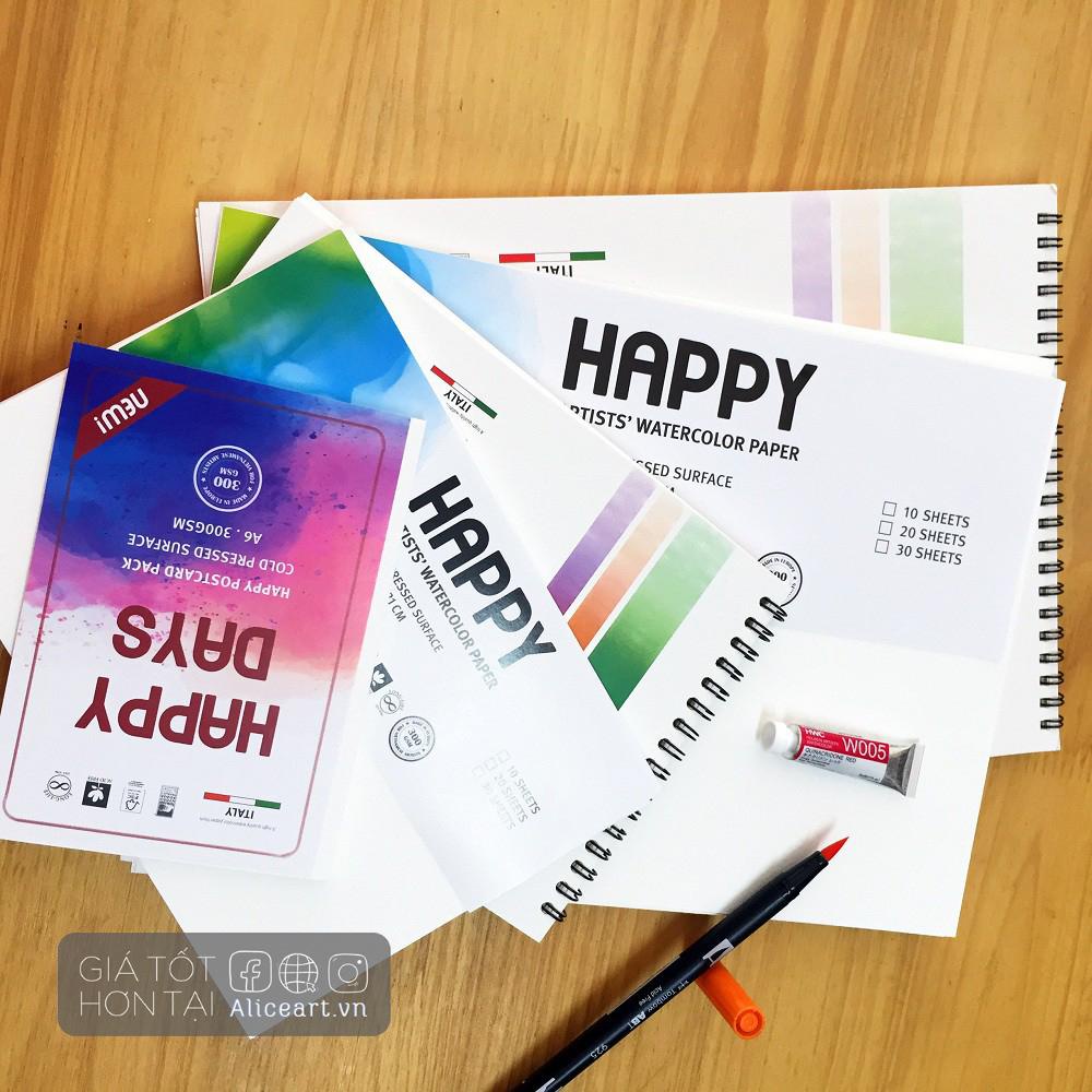 Giấy Vẽ Màu Nước, bột, gouache, acrylic HAPPY vân Cold 300gsm & Sổ Lò xo 250gsm SALE