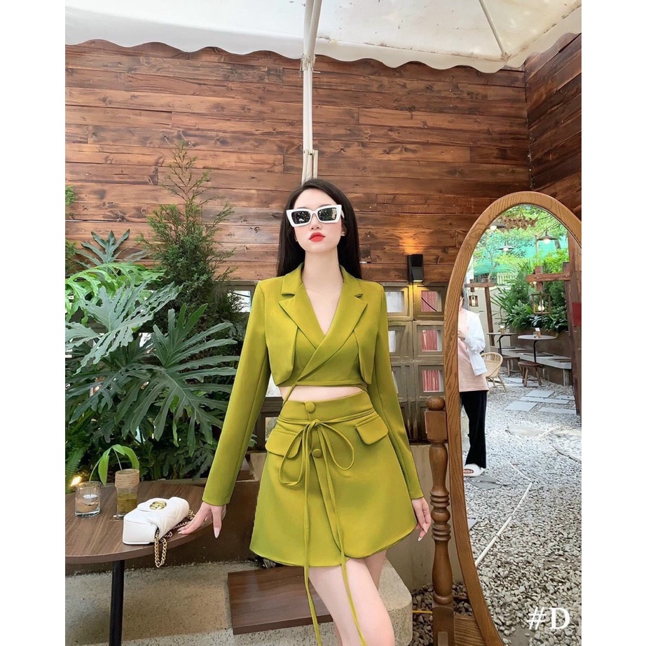 [9.9 Sales Freeship] Set váy nữ Hàn quốc, set áo cổ vest tay dài croptop cột dây eo chân váy lệch phối túi sang trọng dx