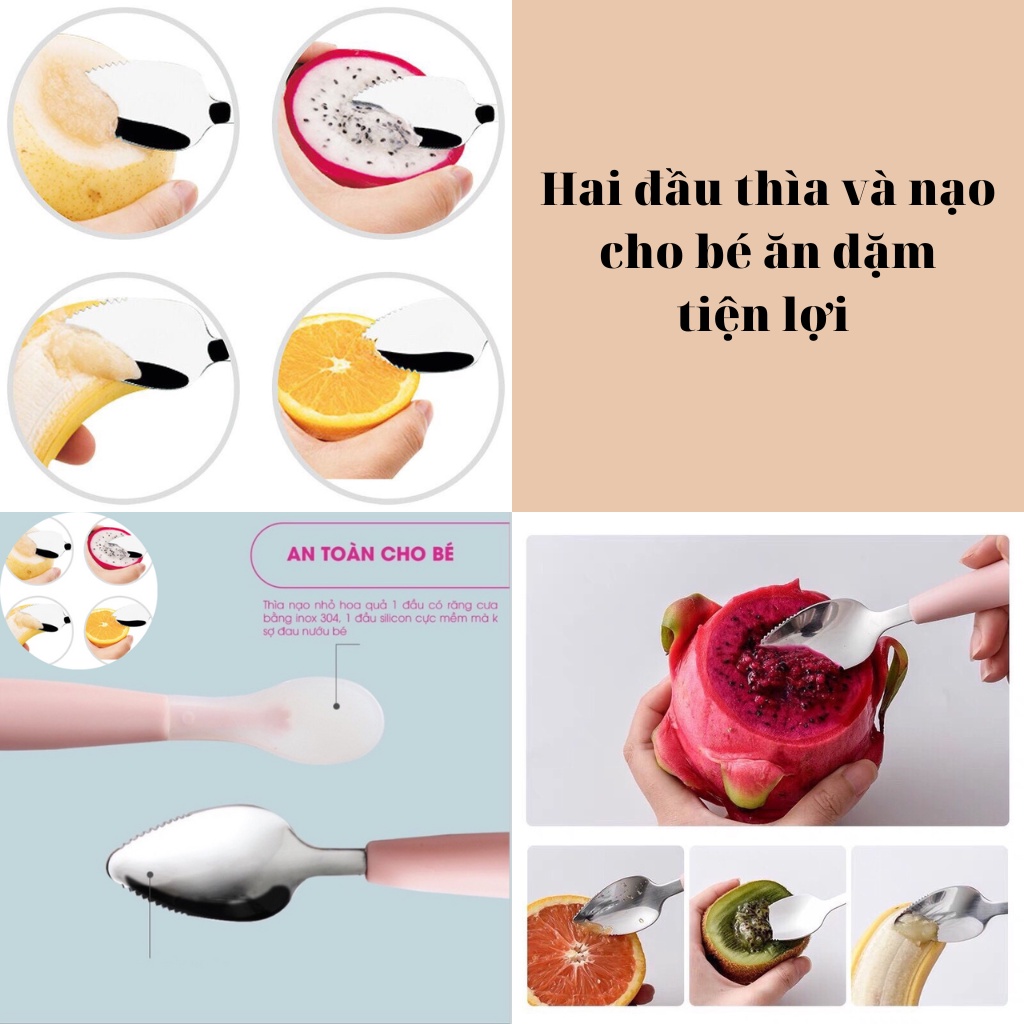 Thìa nạo hoa quả 2 đầu inox và silicon, Chính hãng Kichilachi cho bé kèm hộp đựng an toàn vệ sinh cho bé