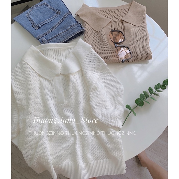 [Ảnh thật/Video] Áo phông mongtogi Ding sợi dệt lưới có cổ chất đẹp phong cách hàn Quốc