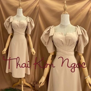 Đầm cổ vuông maxi nơ vai 4 màu