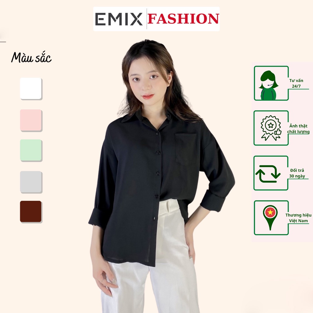 Áo sơ mi nữ túi trước ngực 5 màu EMIX , ulzzang, dài tay, form rộng, vải mềm mát không nhăn