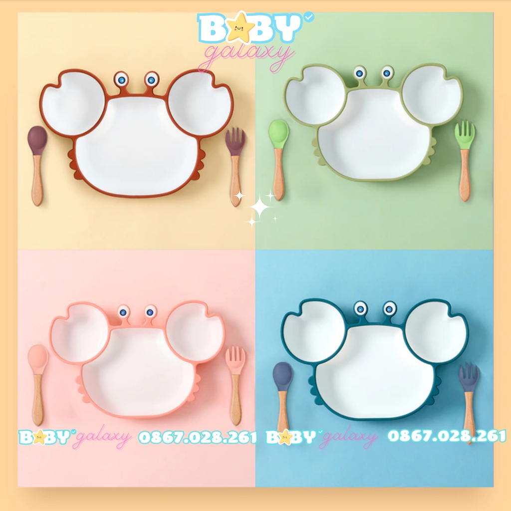 Khay Ăn Dặm Silicon Có Đế Dính Hút Chân Không Hình Con Cua, Khay Chống Lật Cho Bé Ăn Dặm-Baby Galaxy Official
