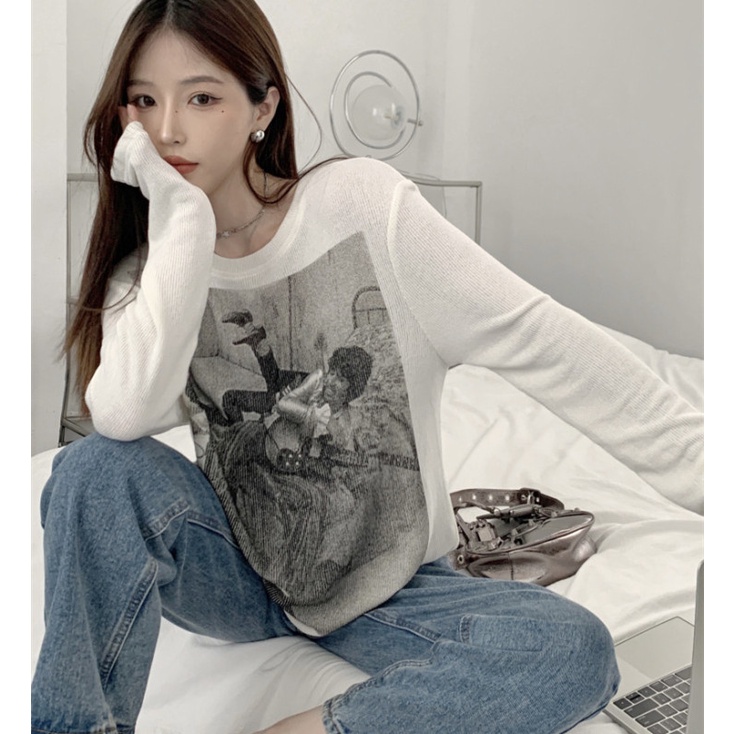 Áo Thun Dệt Kim Tay Dài Dáng Rộng In Họa Tiết Retro Xinh Xắn Cho Nữ