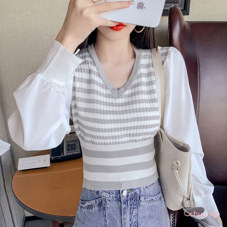 Áo Nữ Dài Tay Cổ Chữ V Họa Tiết Sọc Ngang Thời Trang Mới