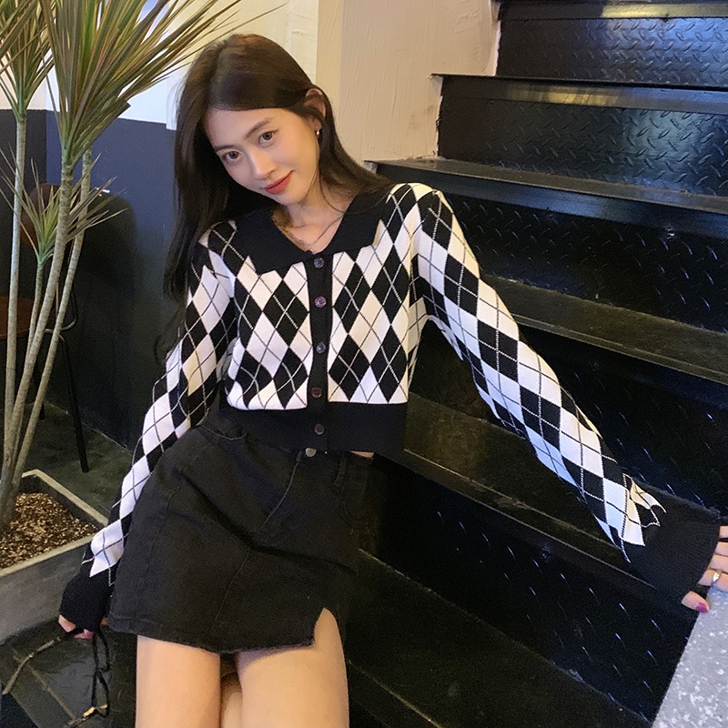 Porozi Áo cardigan dệt kim  tay dài cổ polo họa tiết sọc caro phong cách thời trang Hàn Quốc