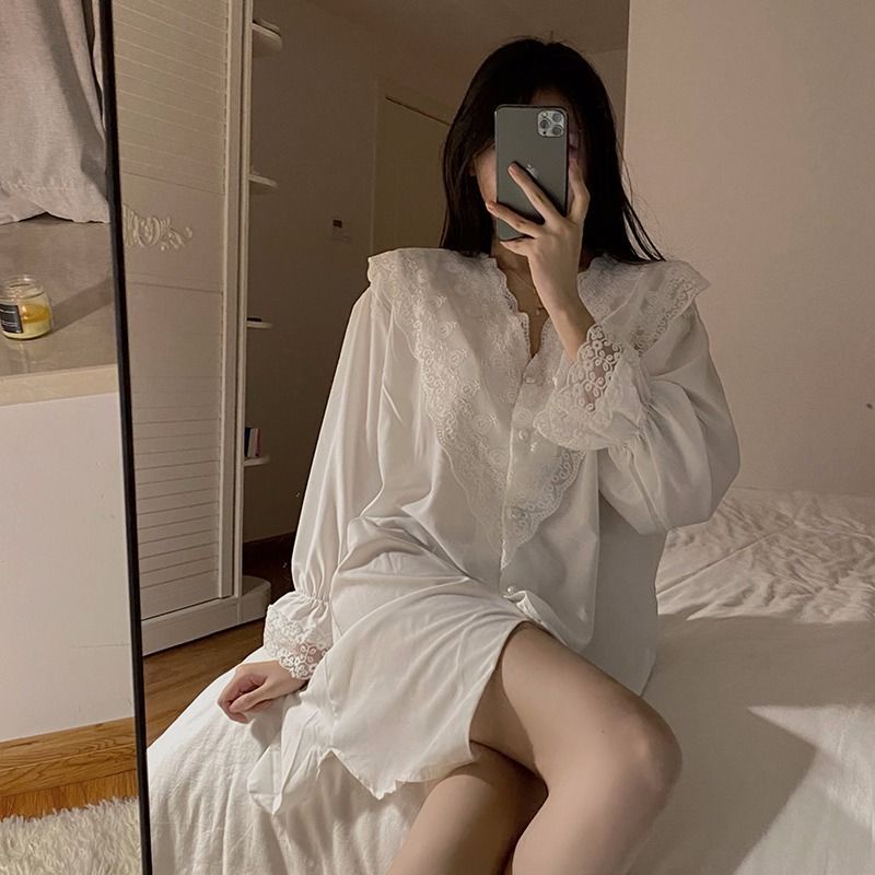 Đầm Ngủ Cổ Bẻ Phối Ren Phong Cách Pháp Cho Nữ