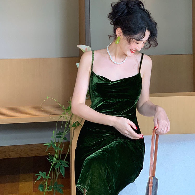 Đầm Nhung Hai Dây Dáng Dài Phong Cách Retro Thời Trang Cao Cấp Cho Nữ