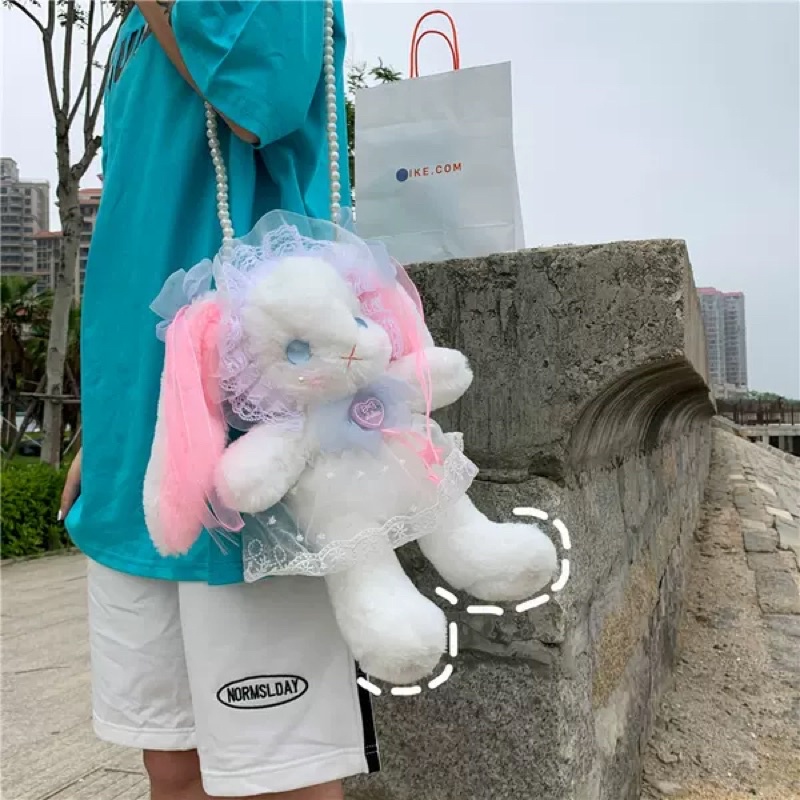 YASAS0107-Túi xách lolita thỏ bông gắn nơ dây hạt