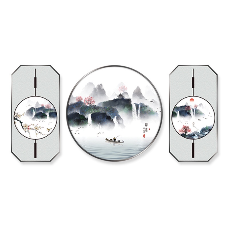 Decal Trang Trí Phòng Khách 3D Tranh Thủy Mặc Sông Núi và Ông Lão Chèo Đò - AmyShop