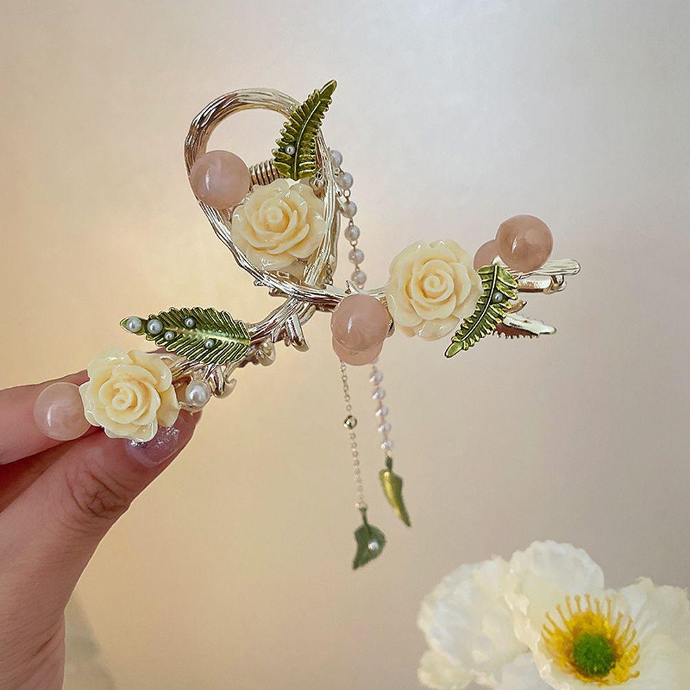 Kẹp Tóc Móng Vuốt Đính Hoa Hồng Tua Rua Chéo Thời Trang Cho Nữ