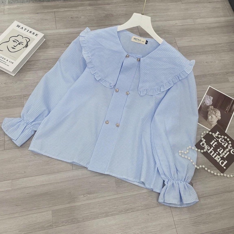 Áo Sơ Mi Cổ Bèo Kẻ Xanh Áo Kiểu Nữ Hàn Quốc Tay Phồng Bánh Bèo Tiểu Thư Form Rộng Cúc Ngọc Siêu Hot