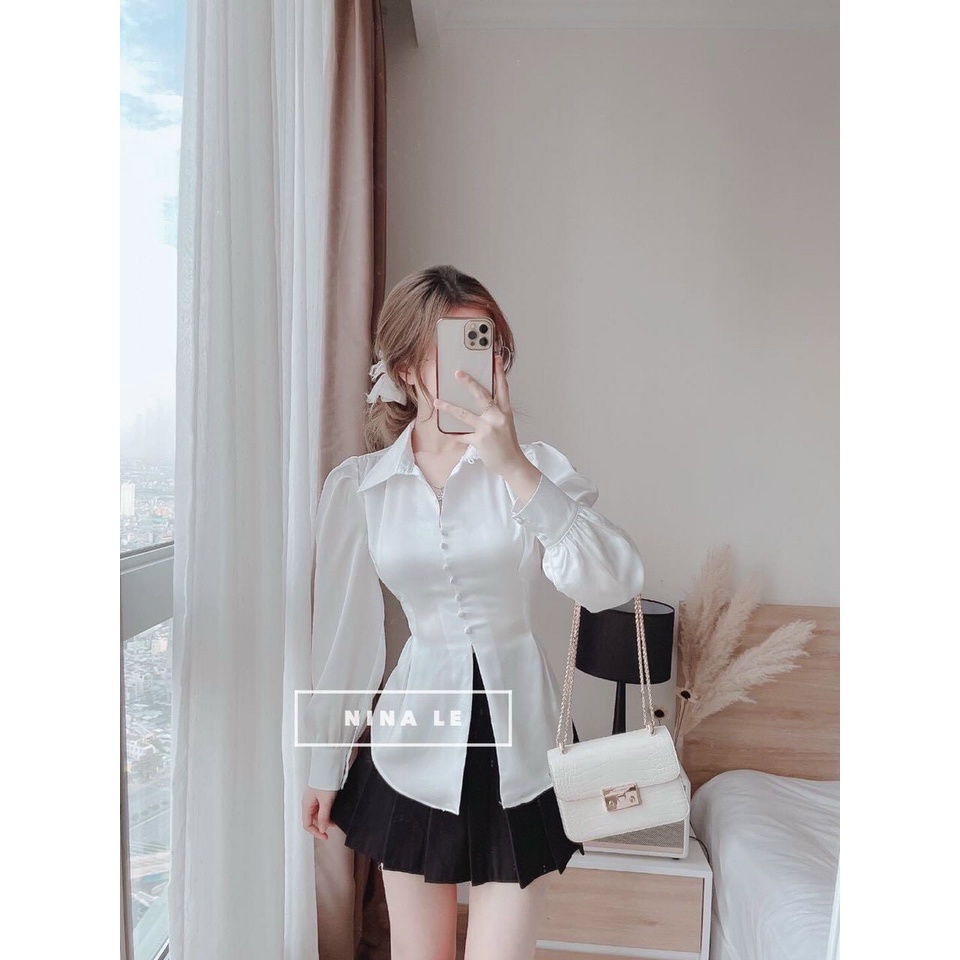Áo sơ mi lụa nút cài bọc, phối nơ thắt sau lưng siêu xinh &^*SA