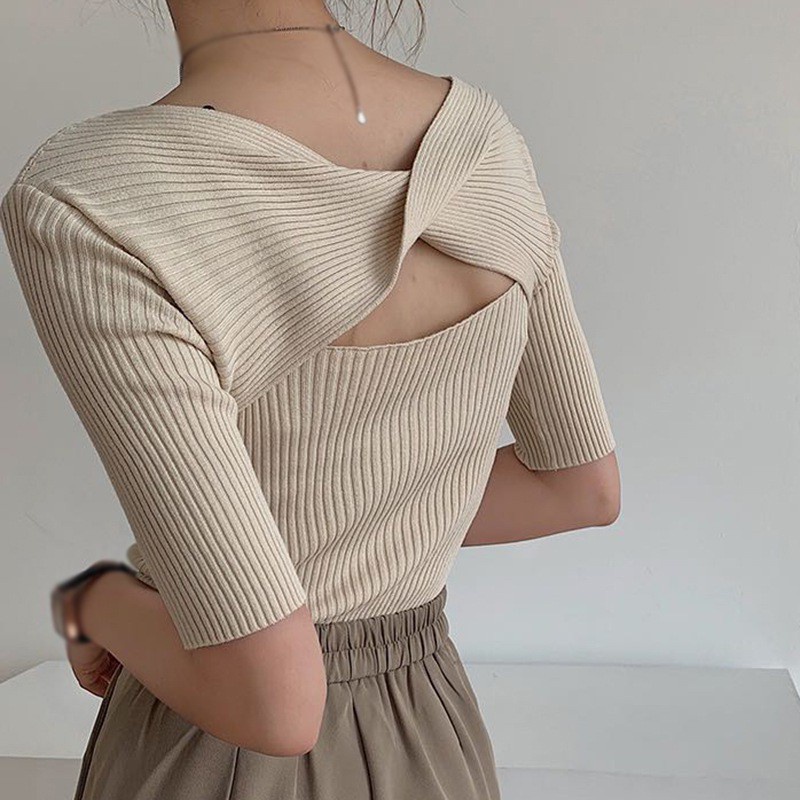 QKOOLE Áo dệt kim nữ  ngắn tay dáng ôm thời trang gợi cảm