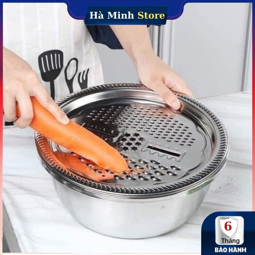 [Hàng Loại A] Bộ Dụng Cụ Bào Rau Củ Đa Năng 3 Trong Kiêm Rổ Và Chậu Inox Cao Cấp - Bộ Nạo Bào Rau Củ