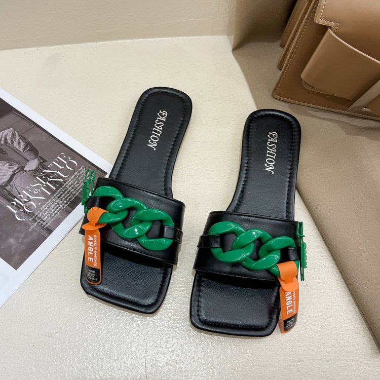 [ Mã 66CBSALE giảm 30K đơn 200K] Ulzzang Fashion Square Chain Flat Sandals Outwear Slipper Women Shoes | BigBuy360 - bigbuy360.vn