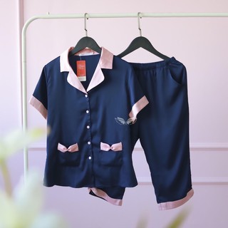 Bộ pijama lụa satin quần lửng phối cổ cao cấp