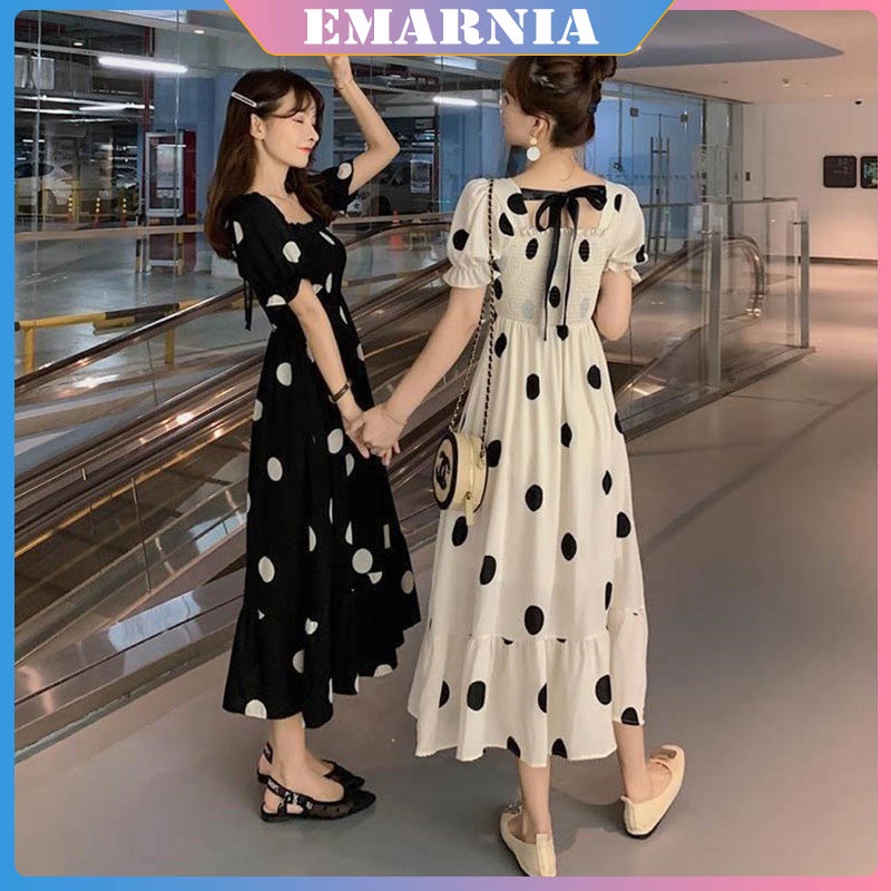 ❤️Emarnia Đào Béo Cô Gái Béo❤️2022 Đầm Voan Dáng Dài Tay Phồng Size Lớn Họa Tiết Chấm Bi Trắng Đen Phong Cách Mới Siêu Thần Tiên Béo mm Một Mảnh Siêu Thần Tiên Muối Girlfri Ngọt Ngào