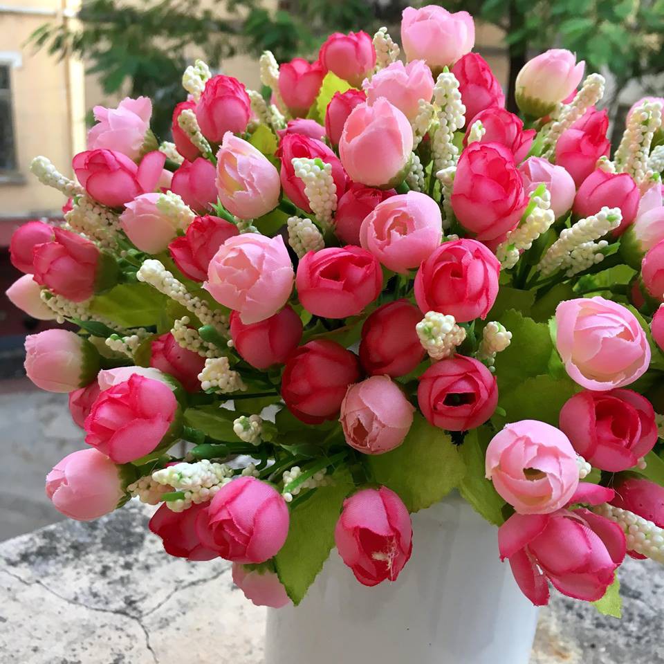 Hoa lụa, hoa giả, cành hoa hồng tỉ muội 15 bông trang trí lãng mạn