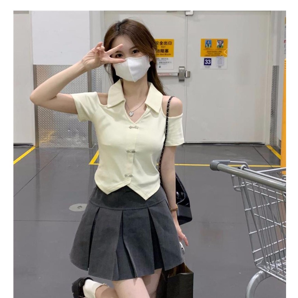 Áo Thun Tay Ngắn Cổ Chữ V Hở Vai Thời Trang Mùa Hè Phong Cách Hàn Quốc Mới