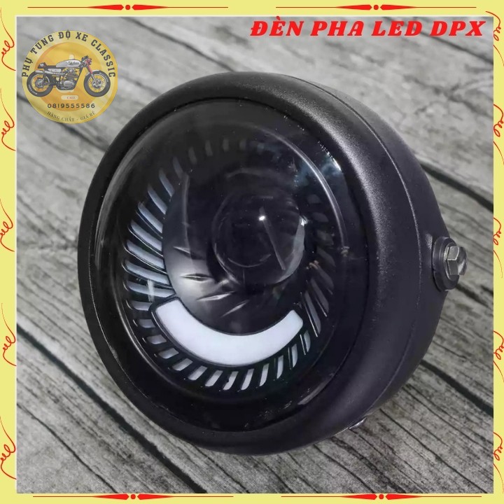 Đen led pha cao cấp, đèn xe máy độ CAFE RACER dạng xoắn gáo sắt sơn đen mặt kính