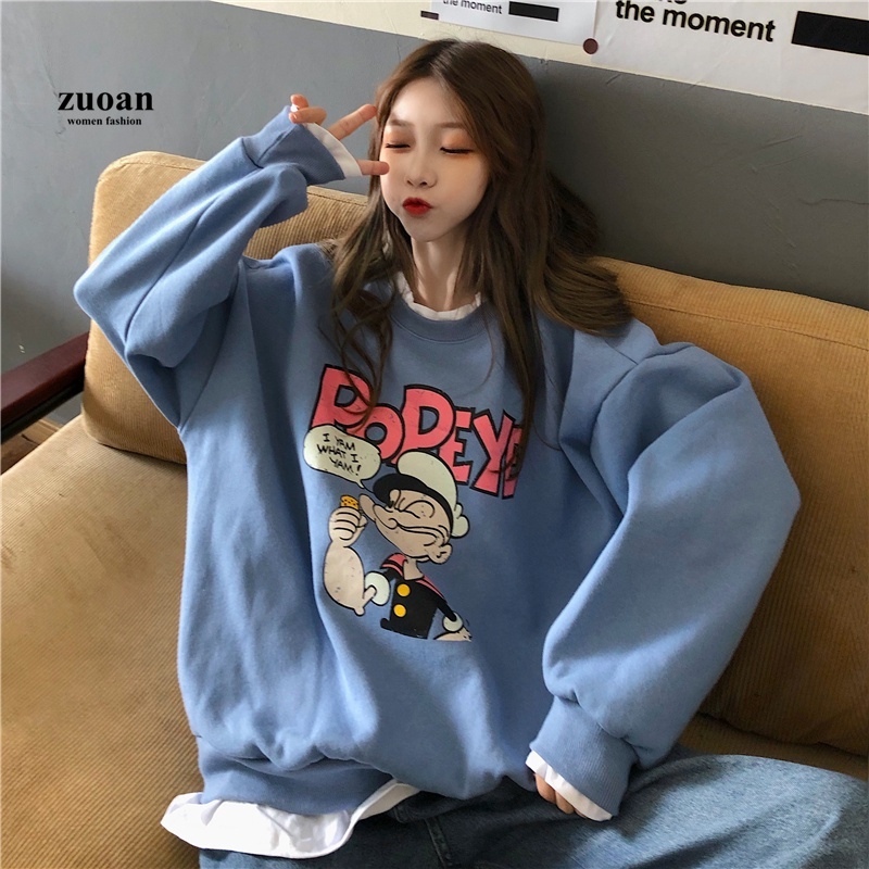 SUXI Áo nỉ nữ dài tay cổ tròn thời trang Hàn