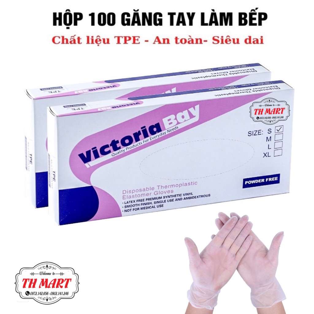 Hộp 100 cái găng tay cao su Victoria Bay dùng 1 lần làm bếp vệ sinh siêu dai chất liệu TPE không mùi không bột