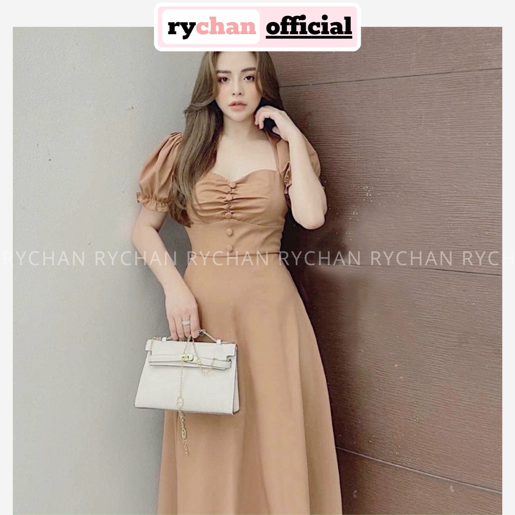 Đầm Nữ Dự Tiệc Dáng Xòe Nhúng Ngực Nút Bọc Tay Phồng Bo Thắt Eo Cực Thanh Lịch Màu Trắng Nude [ẢNH THẬT CUỐI] - DX9883