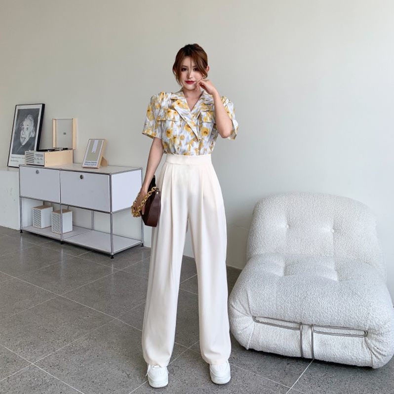 Bộ Áo Hoa Cổ Vest + Quần Ống Rộng Thẳng Phong Cách Hàn Quốc Thời Trang Mùa Hè Mới 2022