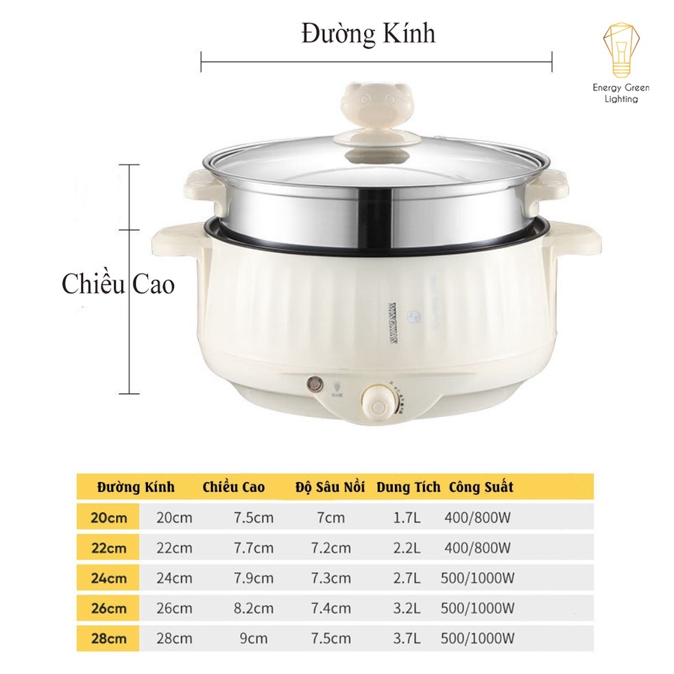 Nồi Lẩu Energy Green Lighting Mini Cắm Điện Đa Năng MX-22A ; MX-26A - Lớp Chống Dính - Phù hợp 2-4 Thành Viên - Tặng Kèm