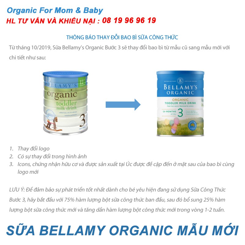 Tặng 1 gói ăn dặm Bellamy | Sữa bột hữu cơ Bellamy's Organic công thức Số 3 - Toddler milk drink 900g