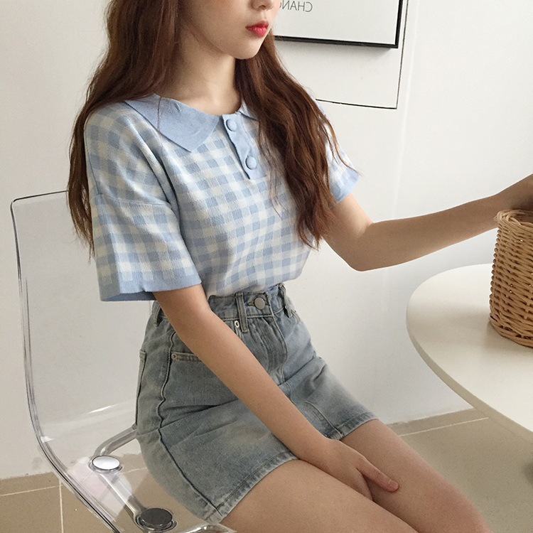 Áo polo IELGY ngắn tay họa tiết ca rô thời trang 2021 cho nữ